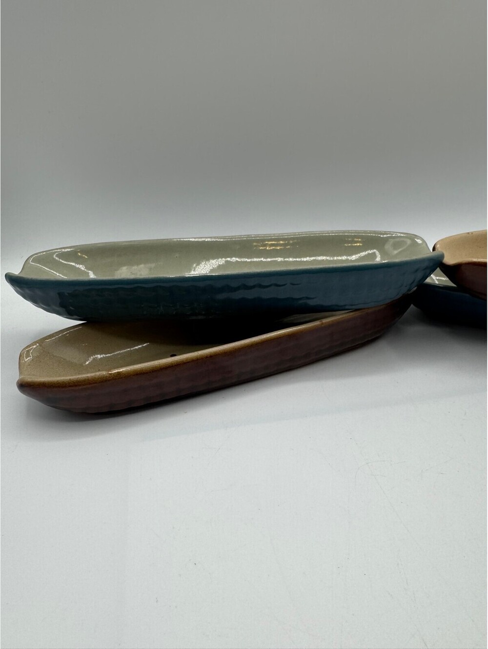 Vintage Stoneware Corn on the Cob Dishes Set 4 Corn Kernel Texture Blue Brown
